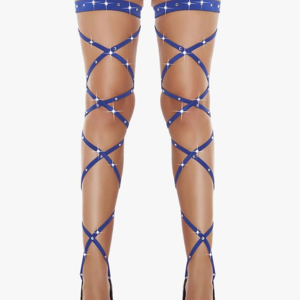 Women Blue Criss Cross Sparkle Rhinestone Crystal Over Knee Thigh High Stocking
